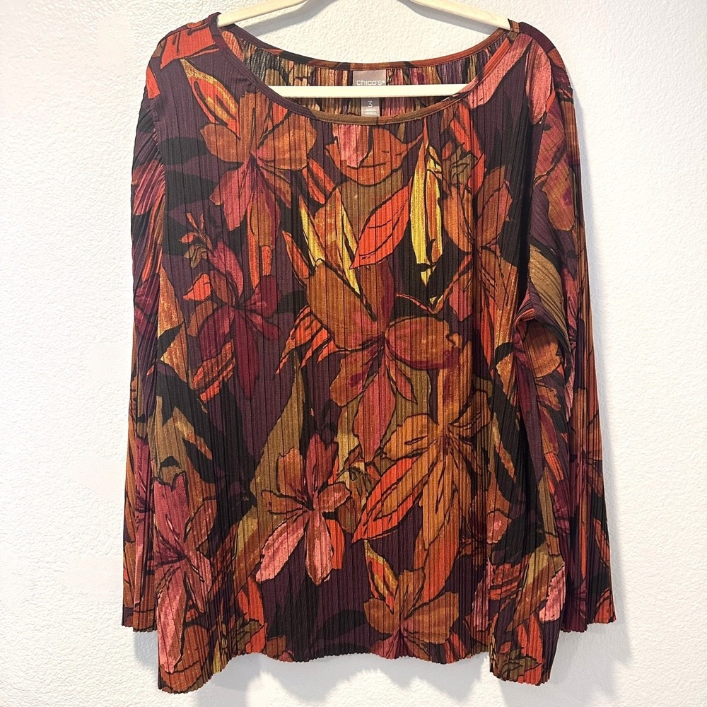 Chicos Size-3(XL 16-18 Womens Blouse Brown Orange Pacific Floral Long Sleeve